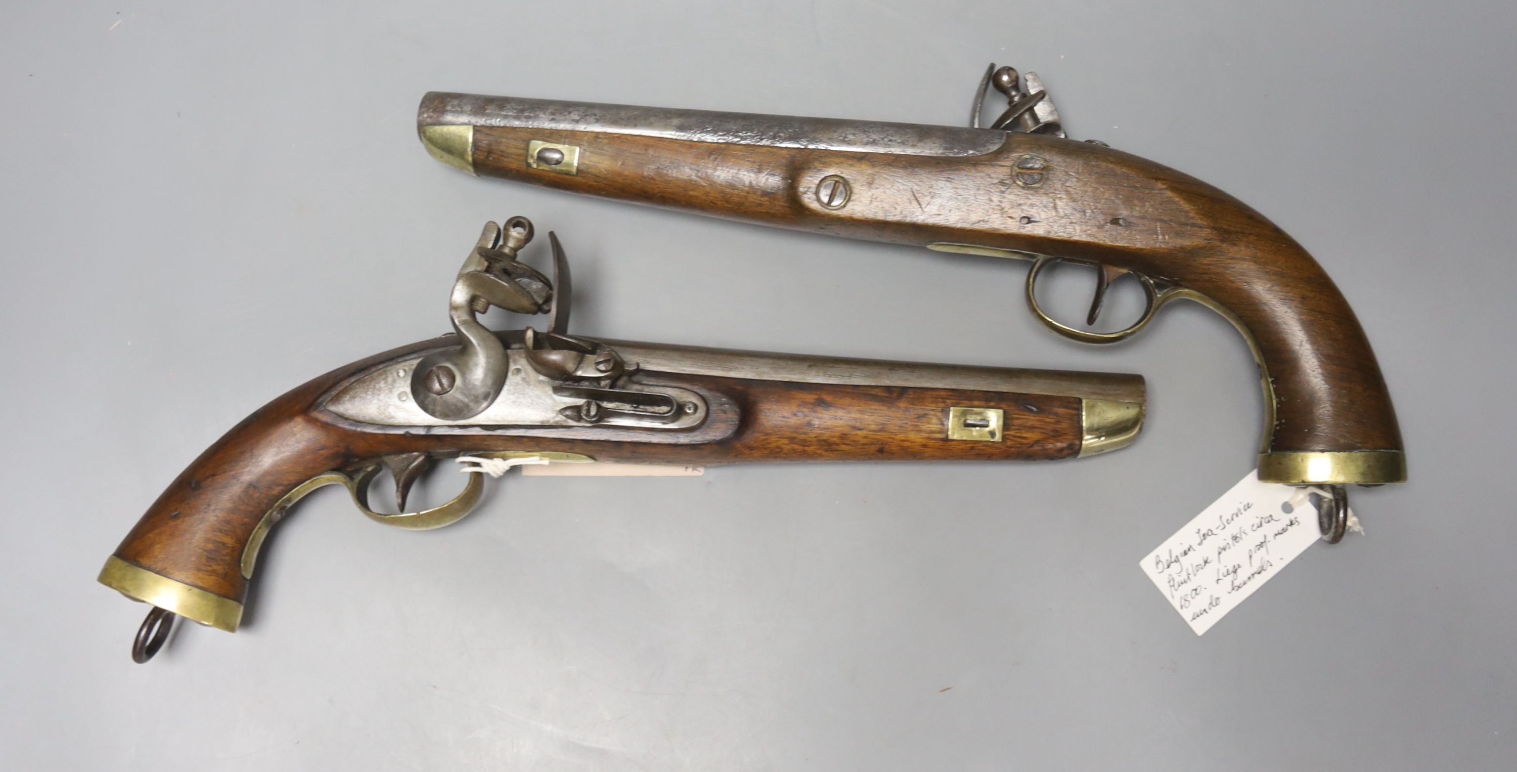 A pair of Belgian Sea Service flintlock pistols, circa 1800, length 39cm